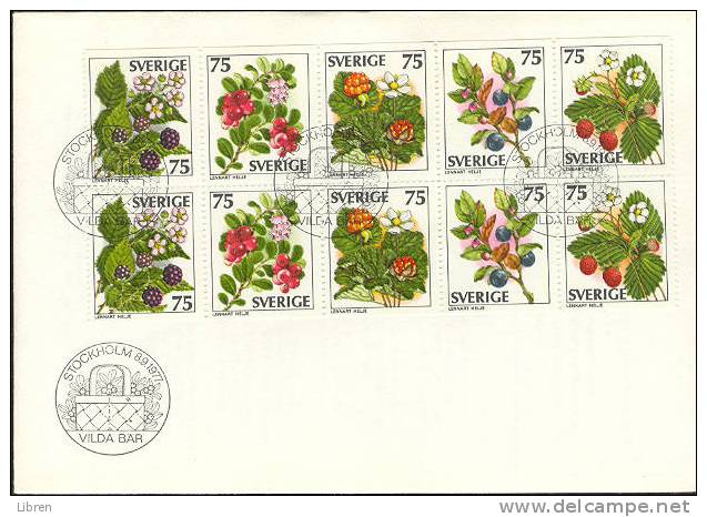 SWEDEN, SUEDE, SVERIGE YV FDC 975-979a FLOWERS, FLEURIS, FRUITS, OBST. BLANC. VERY FINE QUALITY. - FDC