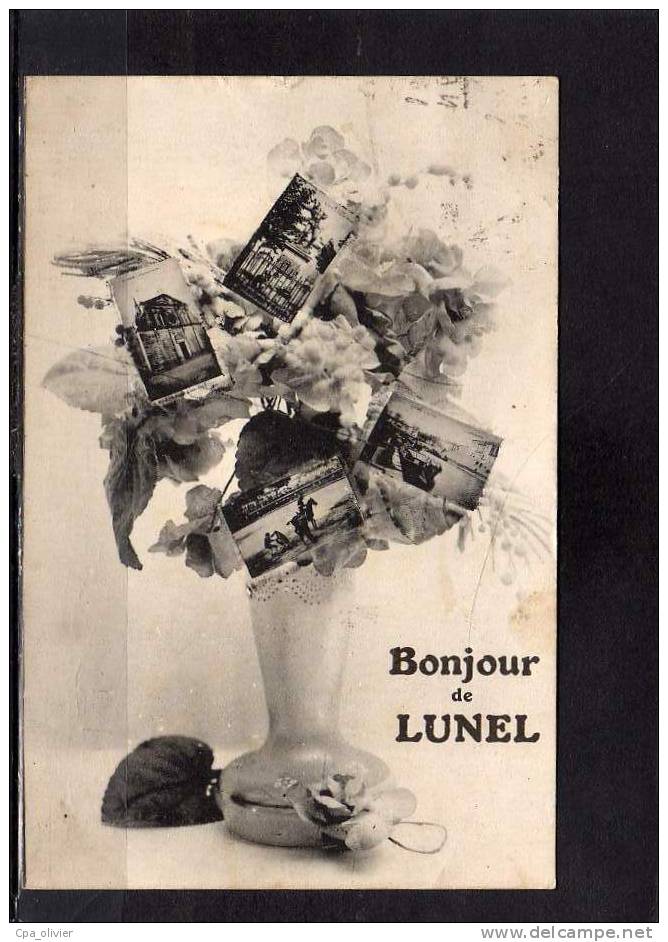 34 LUNEL Fantaisie, Bonjour, Multivue, Eglise, Canal, Arènes, Statue Ménard, Fleurs, Ed Guionie, 1934 - Lunel