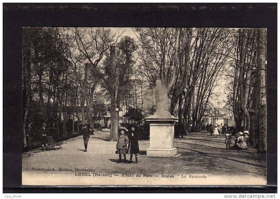 34 LUNEL Parc, Allée, Statue Le Remords, Animée, Ed Bardou, 1912 - Lunel