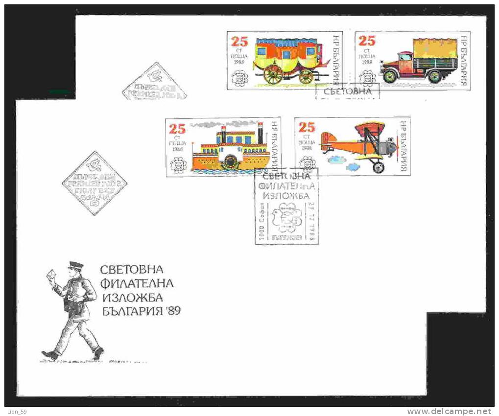 FDC 3746 Bulgaria 1988 /34 Mail Transport / EMBLEM STAMP EXHIBITION BULGARIA 89 - GLOBE BIRD DOVE - Duiven En Duifachtigen