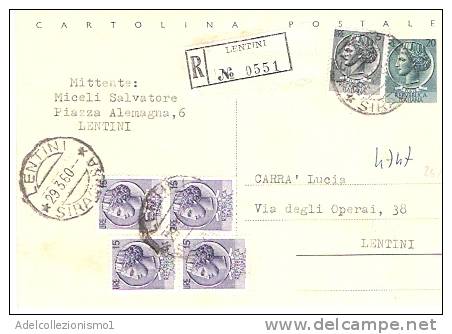2327)intero Postale Raccomandata Con 20£ + 5£ + 4x15£ Siracusana Da Lentini A Città Il 29-3-1960 - 1946-60: Storia Postale