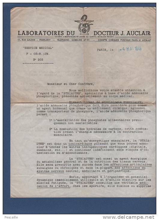 LETTRE EXPLICATIVE MEDICAMENT STRIADYNE - LABORATOIRES DU DOCTEUR J. AUCLAIR 11 RUE GAZAN PARIS XIVe - Publicités