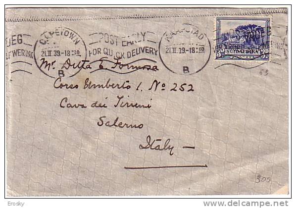 F1487 - BRITISH COLONIES SOUTH AFRICA LETTER TO ITALY 21/2/1939 - Lettres & Documents