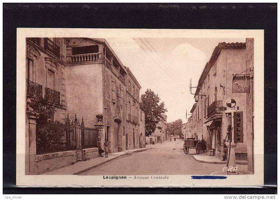 34 LESPIGNAN (envs Béziers) Avenue Centrale, Animée, Pompe Essence Shell, Plaque Michelin, Ed ERA, 194? - Autres & Non Classés