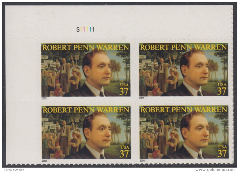 !a! USA Sc# 3904 MNH PLATEBLOCK (UL/S11111) - Robert Penn Warren - Nuovi