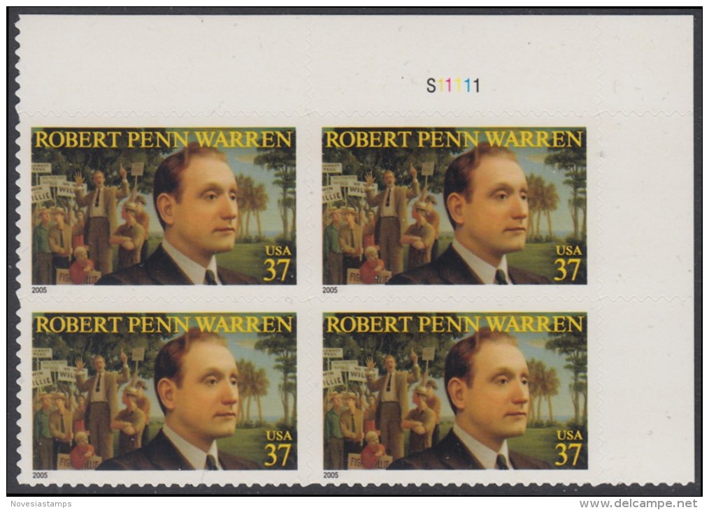 !a! USA Sc# 3904 MNH PLATEBLOCK (UR/S11111) - Robert Penn Warren - Unused Stamps