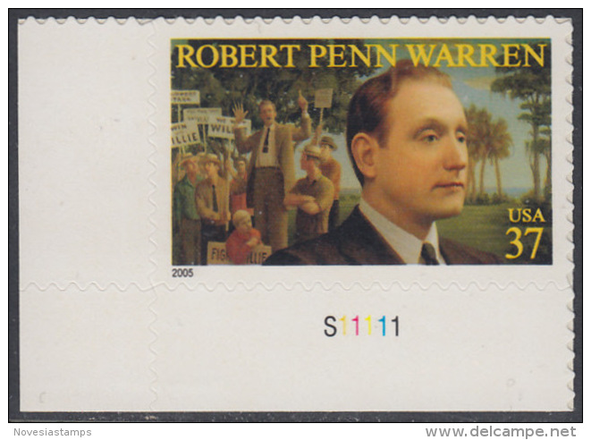 !a! USA Sc# 3904 MNH SINGLE From Lower Left Corner W/ Plate-# (LL/S11111) - Robert Penn Warren - Neufs