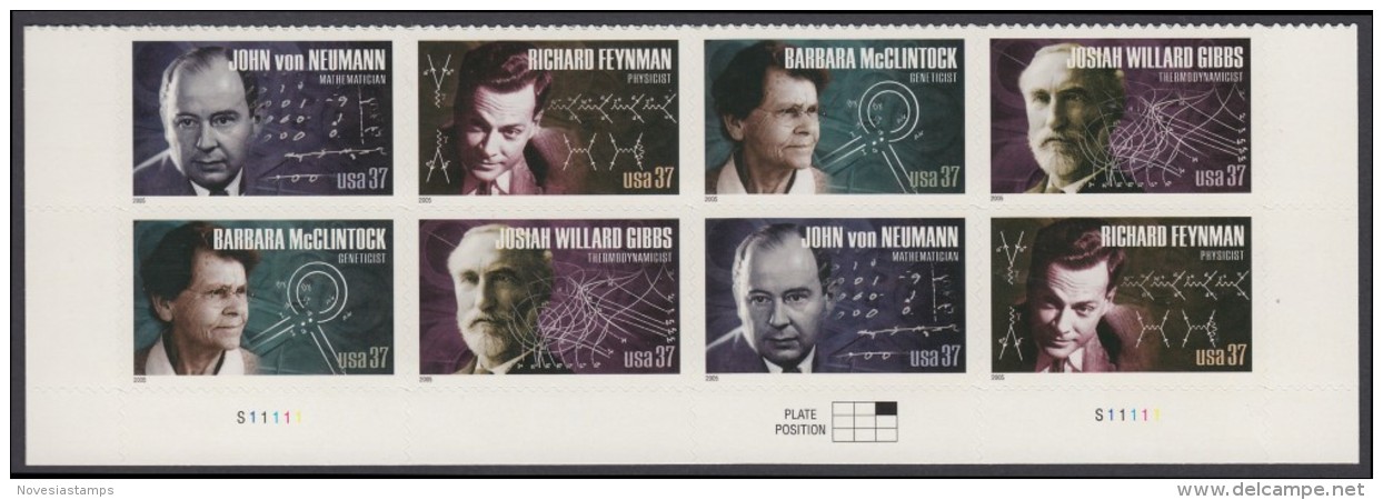 !a! USA Sc# 3906-3909 MNH PLATEBLOCK(8) (LL&LR/S11111) - American Scientists - Nuevos