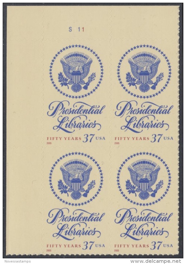 !a! USA Sc# 3930 MNH PLATEBLOCK (UL/S111/a) - Presidential Libraries - Ongebruikt