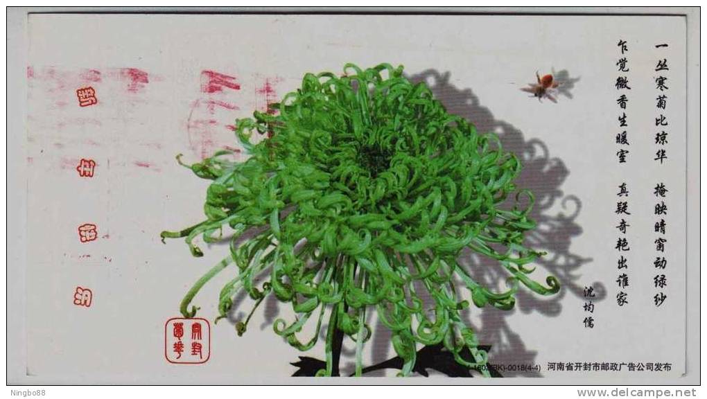 Honeybee,bee,insect,chrys   Anthemum  Flower,China 2004 Kaifeng New Year Greeting Pre-stamped Card - Abeilles