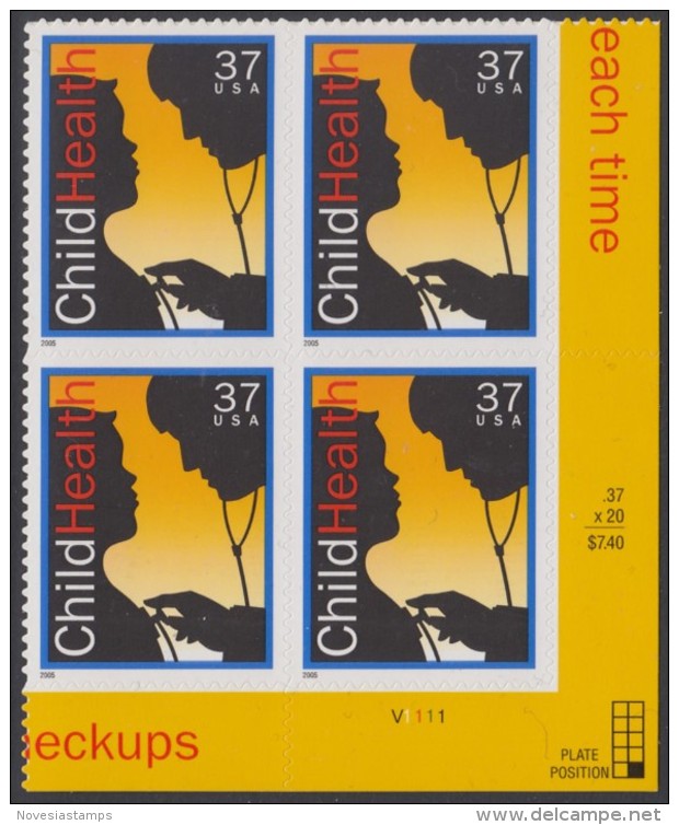 !a! USA Sc# 3938 MNH PLATEBLOCK (LR/V1111) - Child Health - Ongebruikt