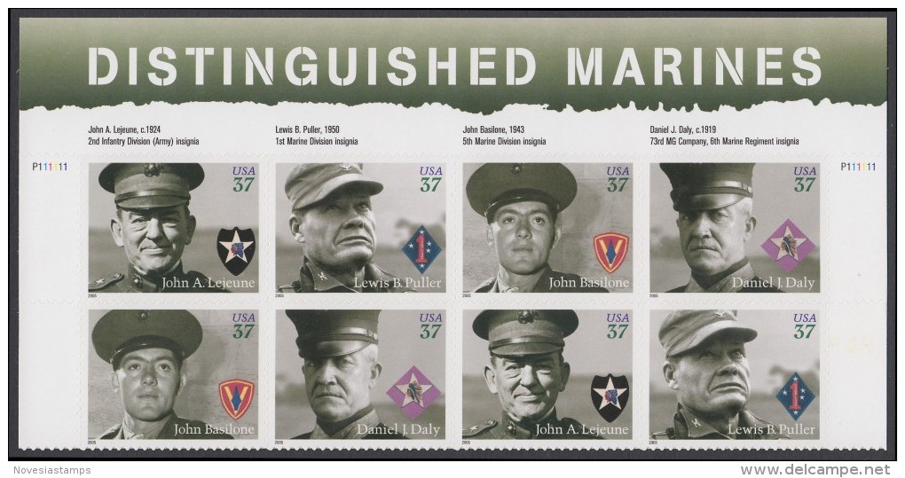 !a! USA Sc# 3961-3964 MNH PLATEBLOCK(8) (UL/P111111) W/ Top-Label - Distinguished Marines - Ongebruikt