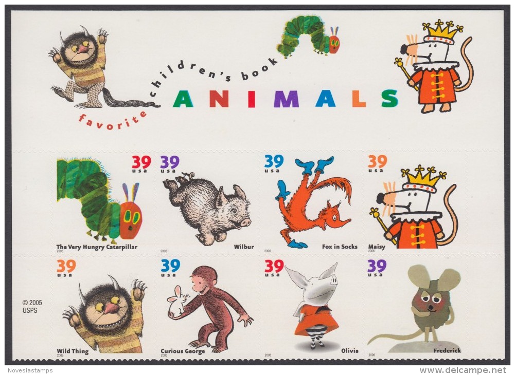 !a! USA Sc# 3987-3994 MNH BLOCK(8) W/ Top-Label (a) - Favorite Children's Book Illustrations - Nuevos