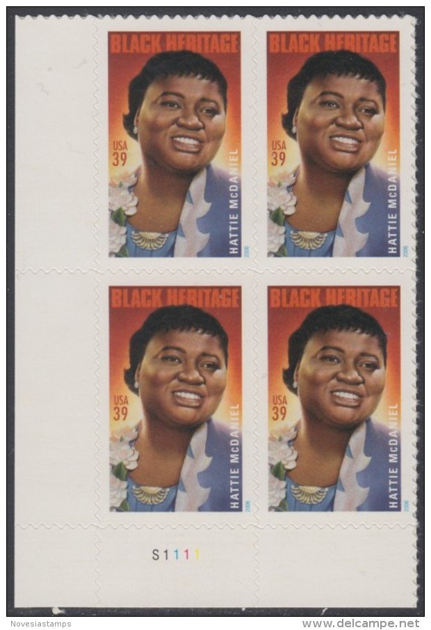 !a! USA Sc# 3996 MNH PLATEBLOCK (LL/S1111) - Hattie McDaniel - Ongebruikt