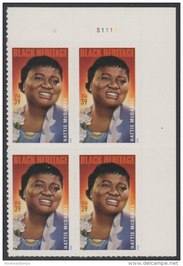 !a! USA Sc# 3996 MNH PLATEBLOCK (UR/S1111) - Hattie McDaniel - Unused Stamps