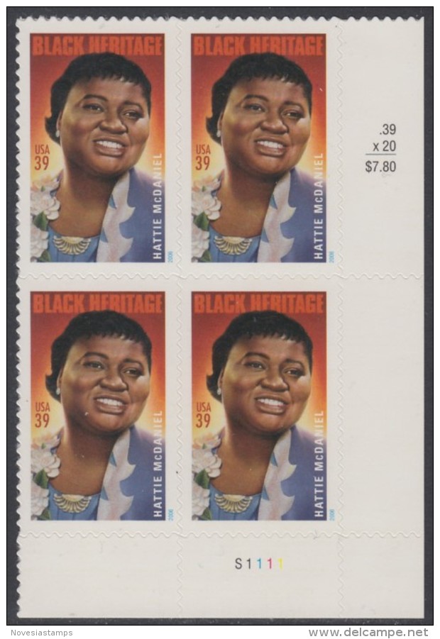 !a! USA Sc# 3996 MNH PLATEBLOCK (LR/S1111) - Hattie McDaniel - Unused Stamps