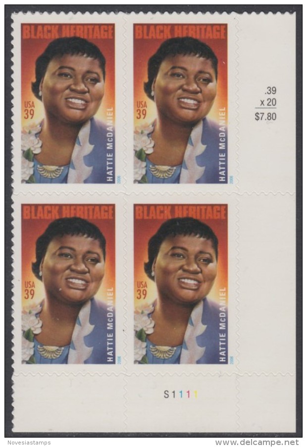 !a! USA Sc# 3996 MNH PLATEBLOCK (LR/S1111) - Hattie McDaniel - Ongebruikt