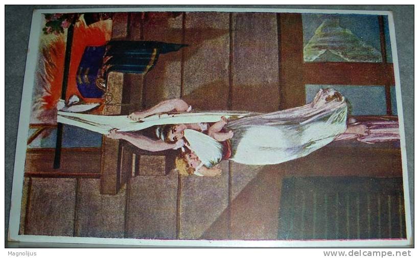 Disaster,Fire,Woman,Child ,Saving  Life,Art,Painting,Debussy ,vintage  Postcard - Disasters