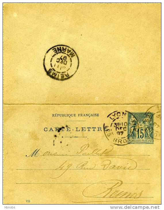 ENTIERS POSTAUX . CARTE LETTRE TIMBRE TYPE SAGE . 15 C  DE DEC 1897 REIMS MARNE . - Kaartbrieven