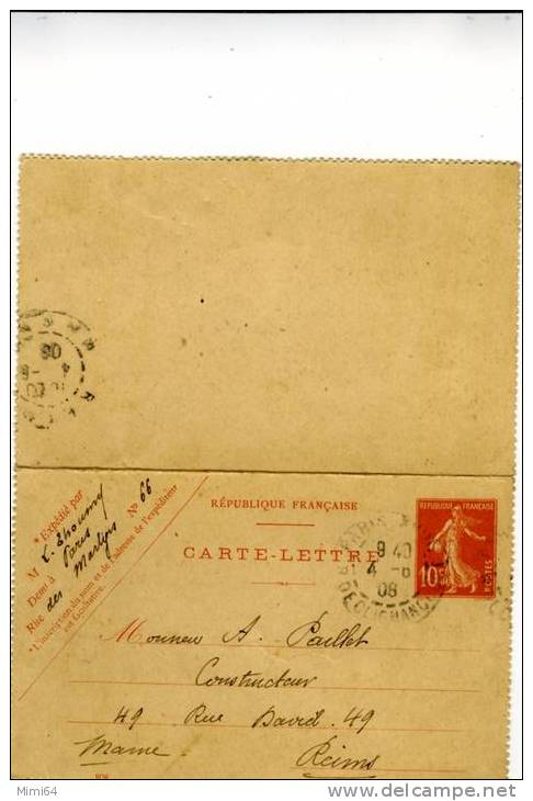 ENTIERS POSTAUX . CARTE LETTRE TIMBRE TYPE SEMEUSE FOND PLEIN SANS SOL DE 10 C 1908 - Letter Cards