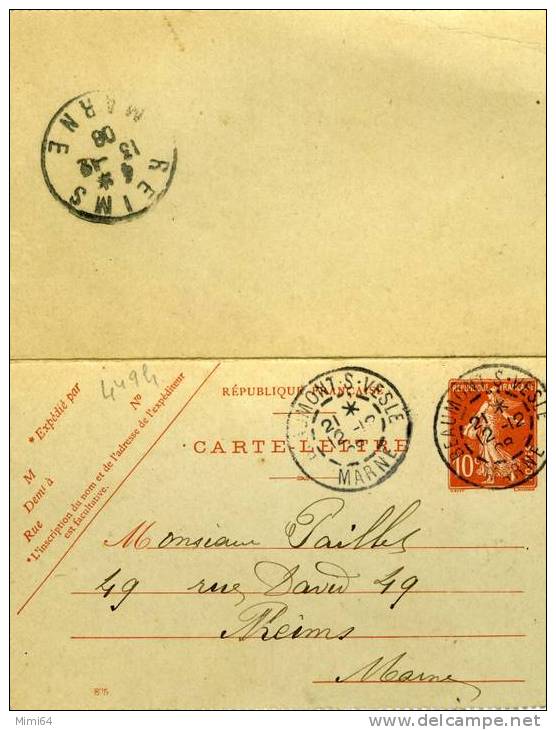 ENTIERS POSTAUX . CARTE LETTRE TIMBRE TYPE SEMEUSE FOND PLEIN SANS SOL DE 10 C 1908 BEAUMONT S . VESLE . MARNE - Letter Cards