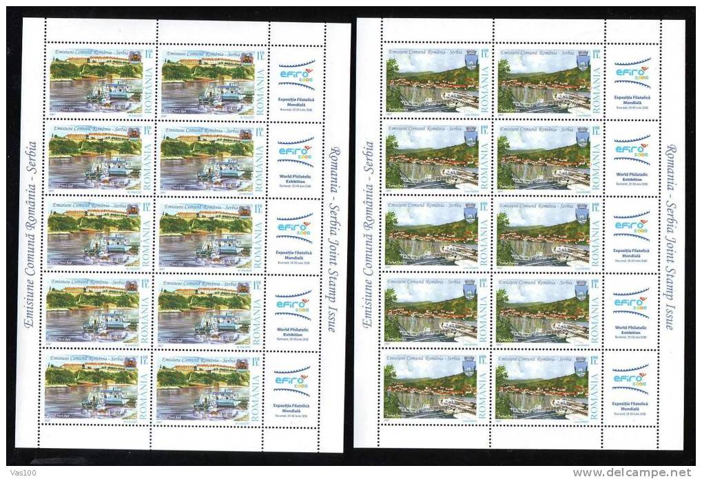 Romania- Serbia 2007 Danube Harbours And Ships,MNH M/s,labels EFIRO 2008 - Feuilles Complètes Et Multiples