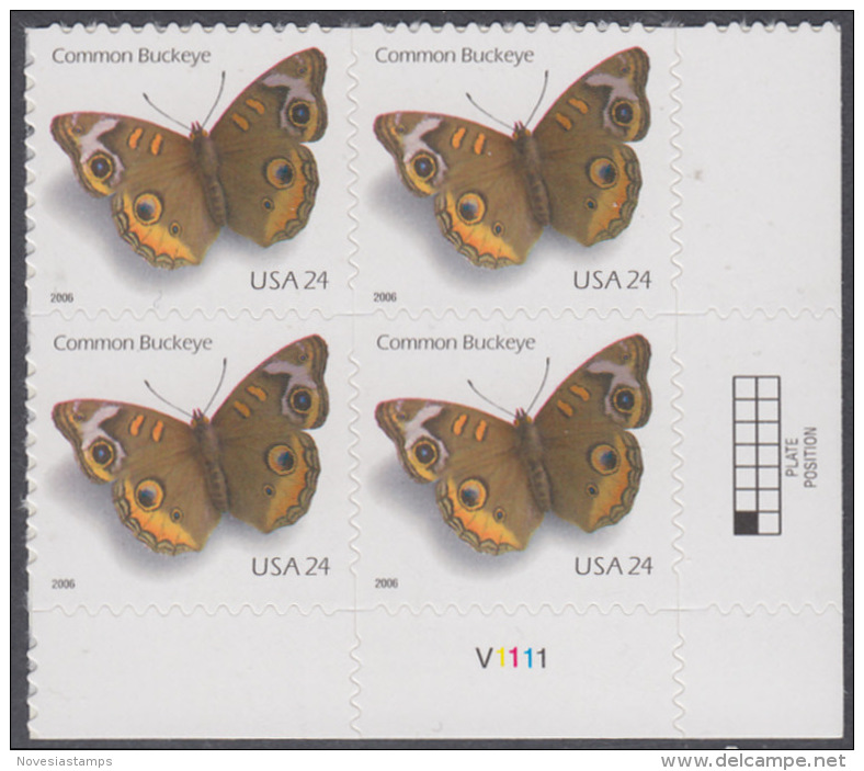 !a! USA Sc# 4001 MNH PLATEBLOCK (LR/V1111/a) - Common Buckeye Butterfly - Ongebruikt