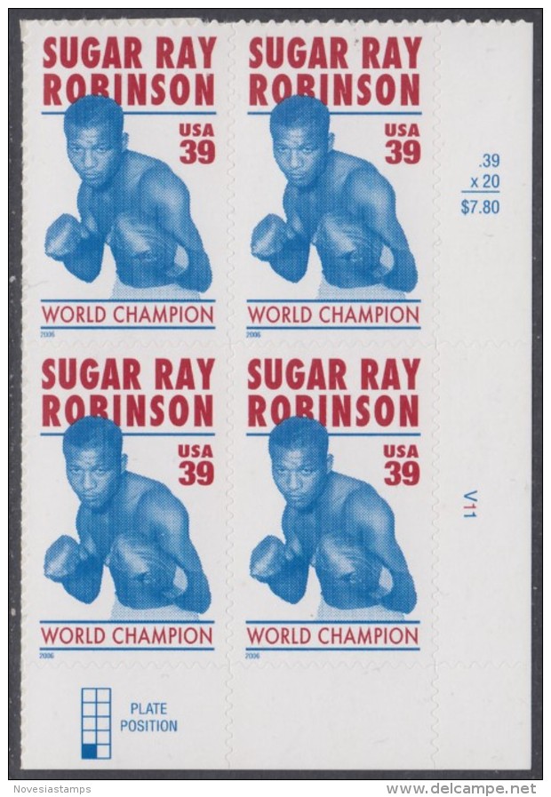 !a! USA Sc# 4020 MNH PLATEBLOCK (LR/V11) - Sugar Ray Robinson - Ongebruikt