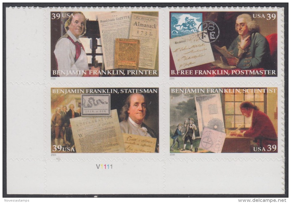 !a! USA Sc# 4021-4024 MNH PLATEBLOCK (LL/V1111) - Benjamin Franklin - Ongebruikt