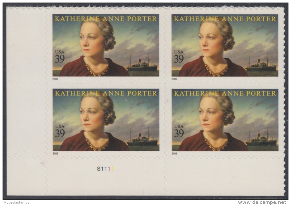 !a! USA Sc# 4030 MNH PLATEBLOCK (LL/S1111) - Katherine Ann Porter - Ongebruikt