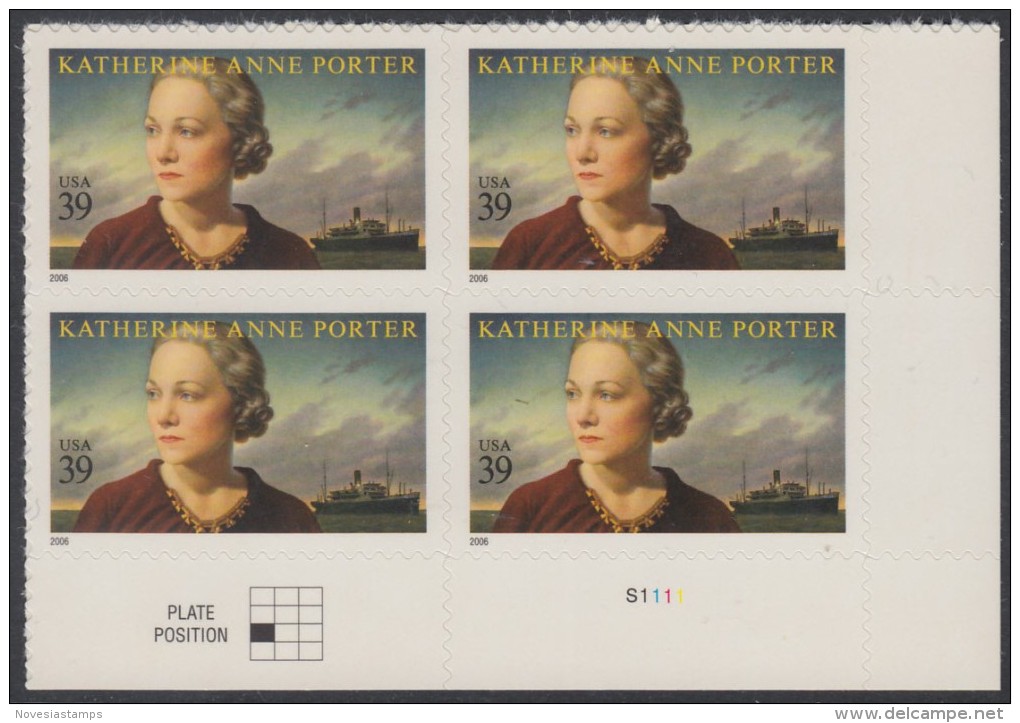 !a! USA Sc# 4030 MNH PLATEBLOCK (LR/S1111) - Katherine Ann Porter - Ongebruikt