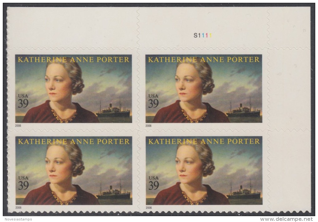 !a! USA Sc# 4030 MNH PLATEBLOCK (UR/S1111) - Katherine Ann Porter - Ongebruikt