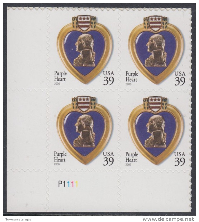 !a! USA Sc# 4032 MNH PLATEBLOCK (LL/P1111) - Purple Heart - Ongebruikt