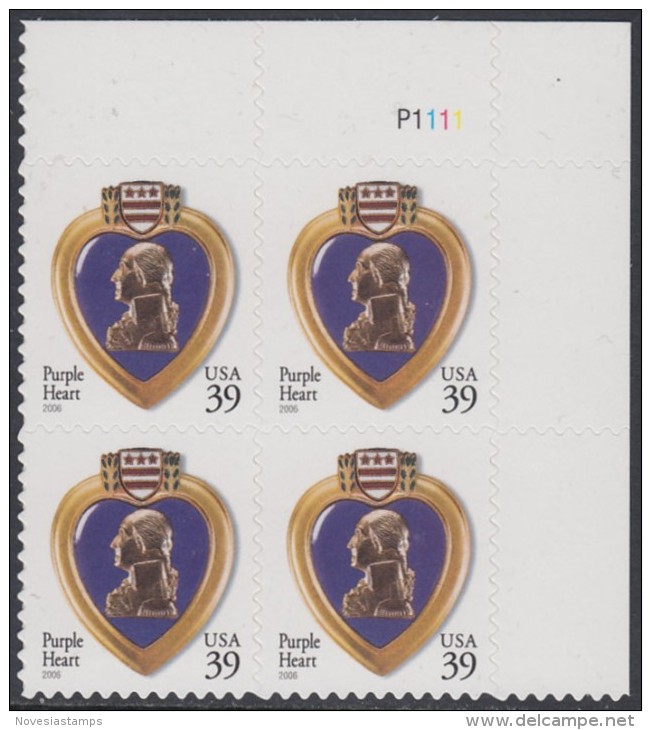 !a! USA Sc# 4032 MNH PLATEBLOCK (UR/P1111) - Purple Heart - Ongebruikt