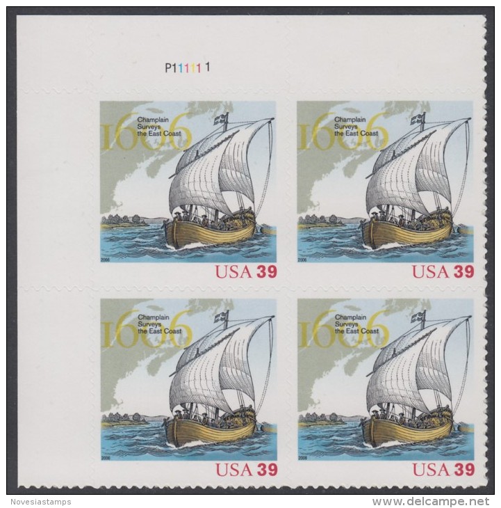 !a! USA Sc# 4073 MNH PLATEBLOCK (UL/P111111) - Champlain's Survey 400th Anniversary - Ongebruikt