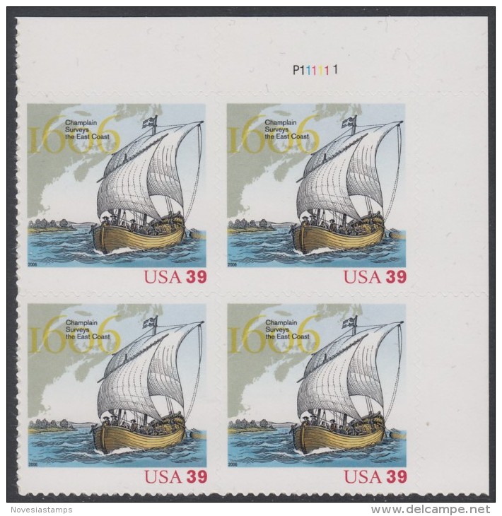 !a! USA Sc# 4073 MNH PLATEBLOCK (UR/P111111/a) - Champlain's Survey 400th Anniversary - Ongebruikt