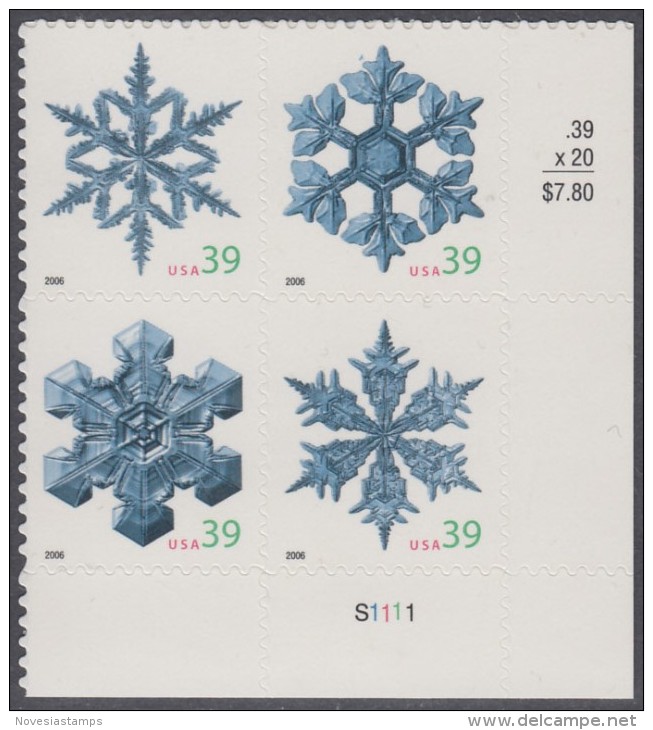 !a! USA Sc# 4101-4104 MNH PLATEBLOCK (LR/S1111/a) - Snowflakes - Ongebruikt