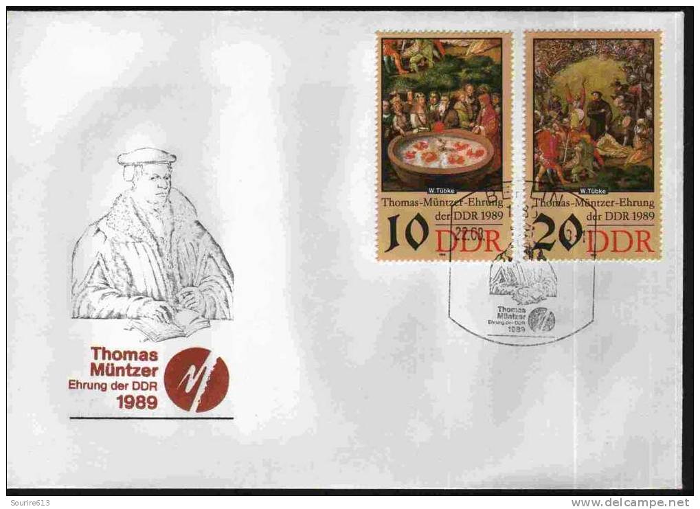 Fdc DDR 1989 Peinture Religieux 1525 W. Tübke Fontaine & Bataille Rainbow Scènes Thomas Müntzer - Religion