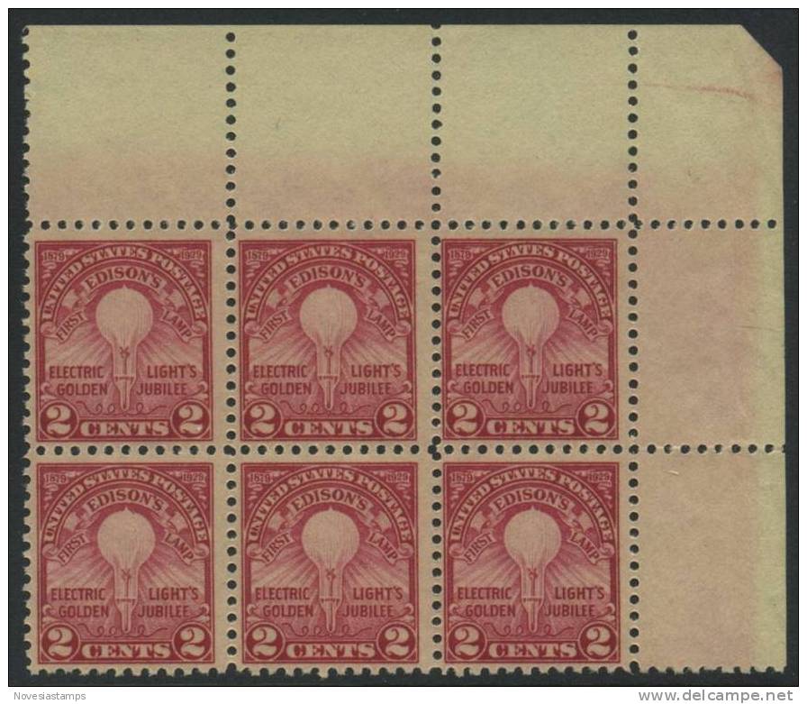 !a! USA Sc# 0655 MNH Horiz.BLOCK(6) From Upper Right Corner - Electric Lights Golden Jubilee - Neufs