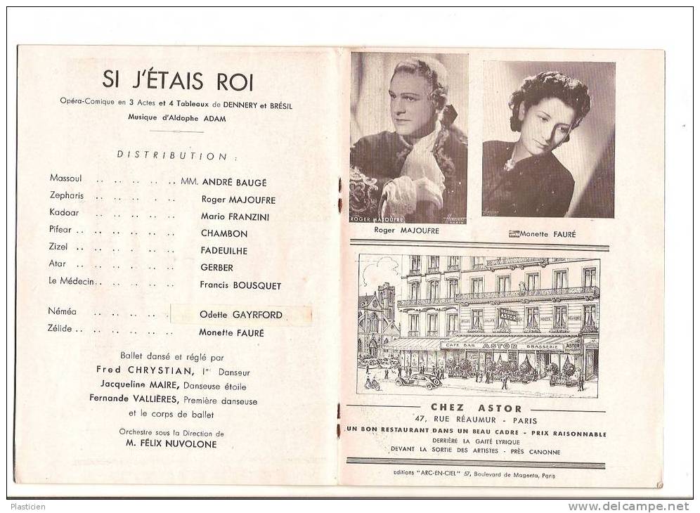 PROGRAMME THEATRE MUNICIPAL DE LA GAITE LYRIQUE, PARIS, OPERA COMIQUE "SI J'ETAIS ROI" - Musique