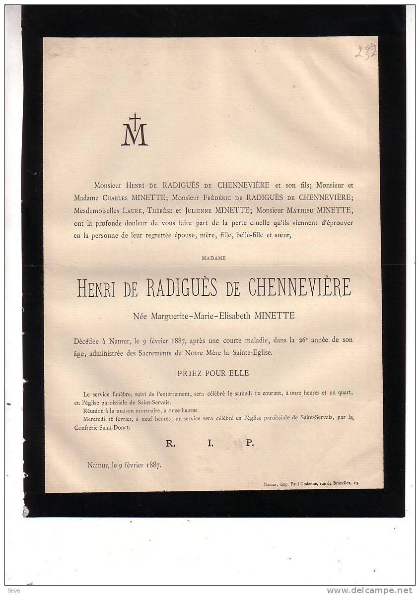 SAINT-SERVAIS NAMUR Faire-part Décès DE RADIGUES De CHENNEVIERE Née MINETTE 1861-1887 - Autres & Non Classés