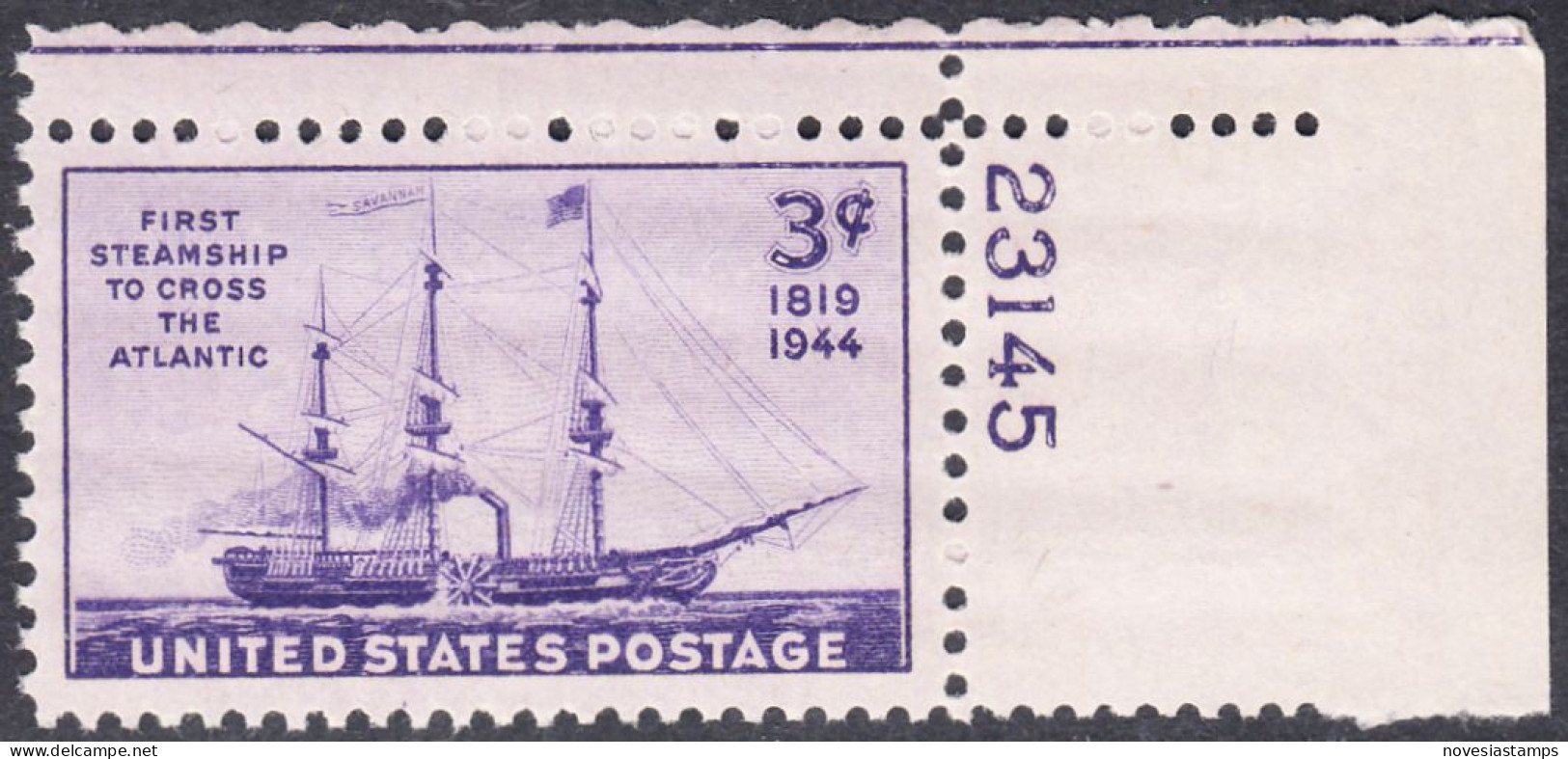 !a! USA Sc# 0923 MNH SINGLE From Upper Right Corner W/ Plate-# 23145 - Steamship - Unused Stamps