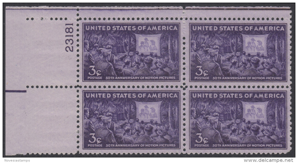 !a! USA Sc# 0926 MNH PLATEBLOCK (UL/23181/a) - Motion Pictures; 50th Anniv. - Unused Stamps