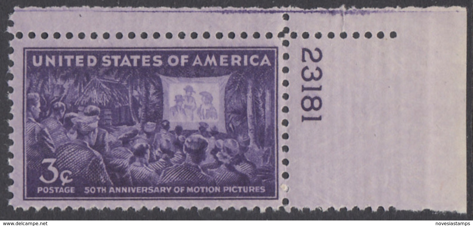 !a! USA Sc# 0926 MNH SINGLE From Upper Right Corner W/ Plate-# 23181 - Motion Pictures; 50th Anniv. - Unused Stamps