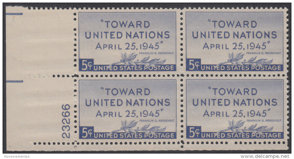 !a! USA Sc# 0928 MNH PLATEBLOCK (LL/23266) - United Nations Conference - Ongebruikt