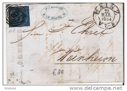 Tht055/ THURN & TAXIS -  Mainz 1854, Nr.-Stempel Auf Mi. 8, 4-seitig Vollranding, Nach Weinheim ü. Darmstadt - Lettres & Documents