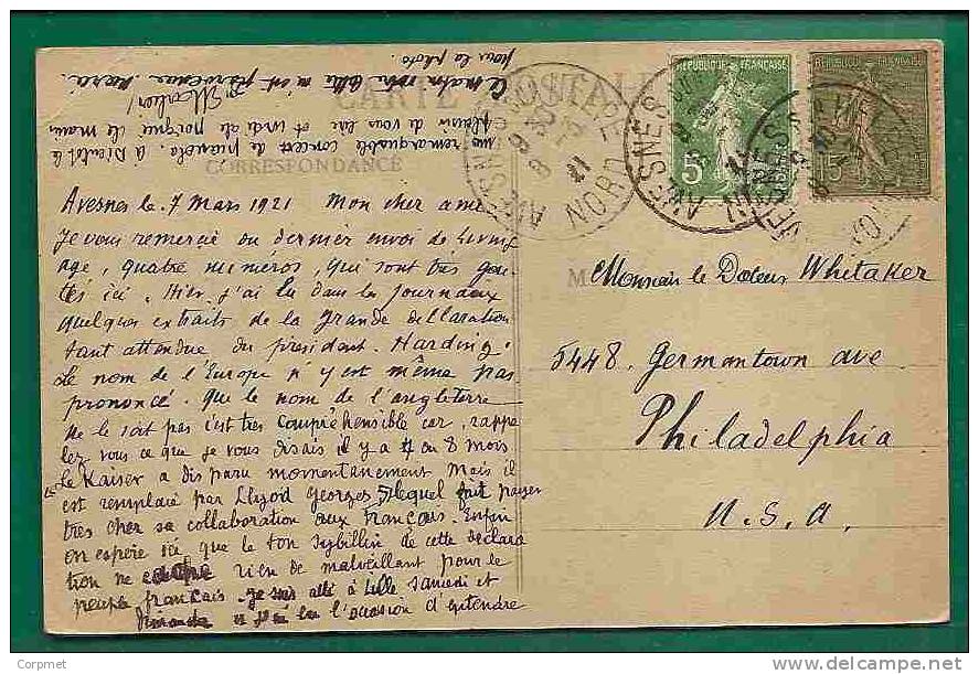 FRANCE - 1921 LILLE POSTCARD Sent From AVESNES Sur HELPE To USA - SEMEUSE -Yvert #130 + RARE #137 FOND Avec BLANC POINTS - Lettres & Documents