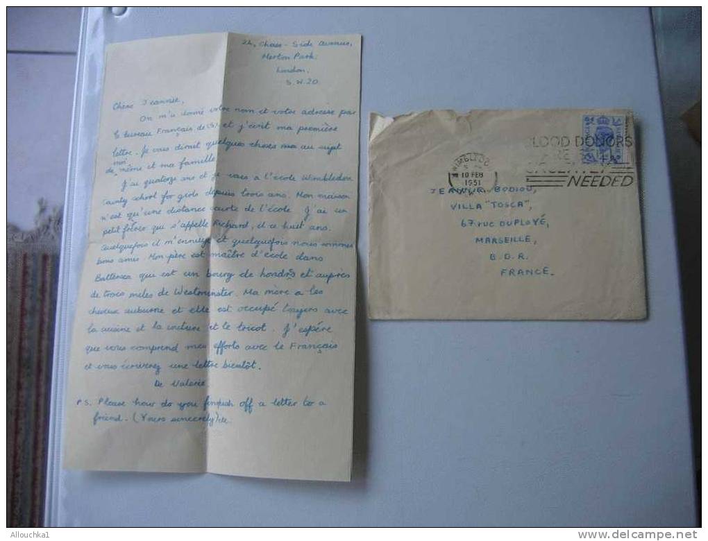 MARCOPHILIE LETTRE DU10/02/ 1951 DE WINBLEDON GREAT BRITAIN P/ MARSEILLE  FRANCE 13 - Storia Postale