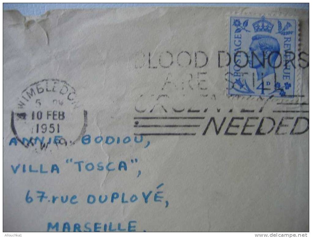 MARCOPHILIE LETTRE DU10/02/ 1951 DE WINBLEDON GREAT BRITAIN P/ MARSEILLE  FRANCE 13 - Marcofilie