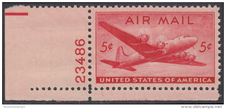 !a! USA Sc# C032 MNH SINGLE From Lower Left Corner W/ Plate-# (LL/23486) - DC-4 Skymaster - 2b. 1941-1960 Unused